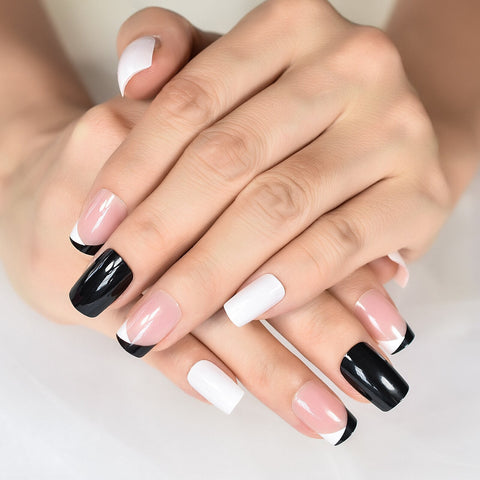 Press On Nails French Black And White Color Top Short Square Multi Color Fake Nails Art Salons At Home With Tabs