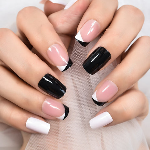 Press On Nails French Black And White Color Top Short Square Multi Color Fake Nails Art Salons At Home With Tabs